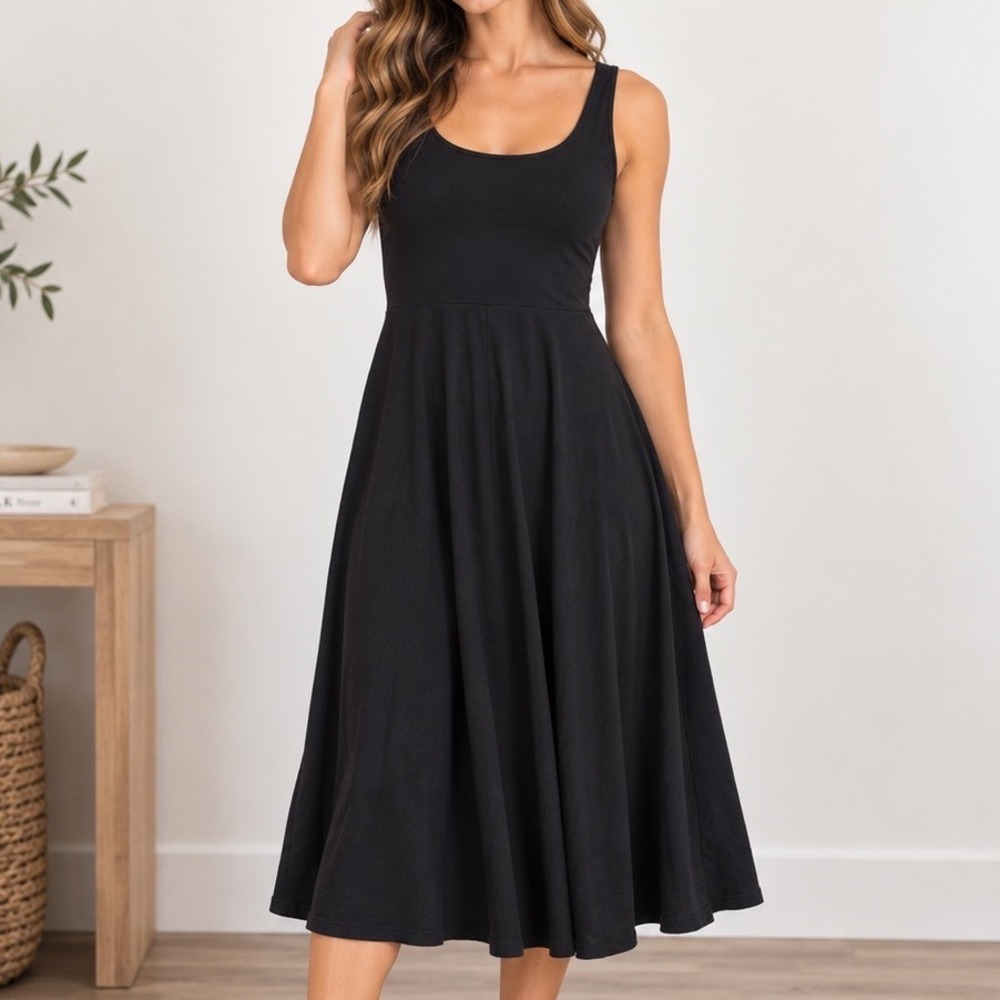 A New Day Black Fit & Flare Midi LBD Dress M Scoop Neck Sleeveless Stretch